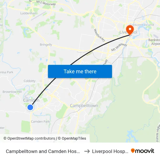 Campbelltown and Camden Hospitals to Liverpool Hospital map