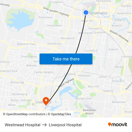Westmead Hospital to Liverpool Hospital map