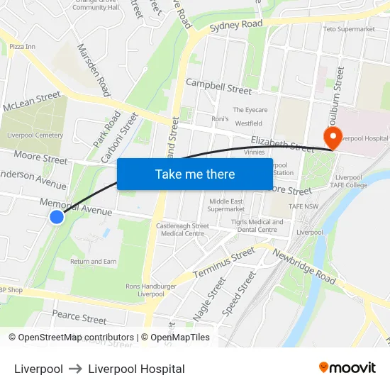 Liverpool to Liverpool Hospital map