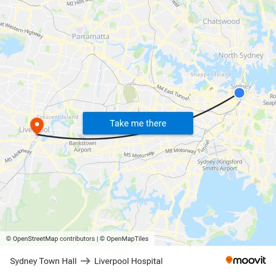Sydney Town Hall to Liverpool Hospital map