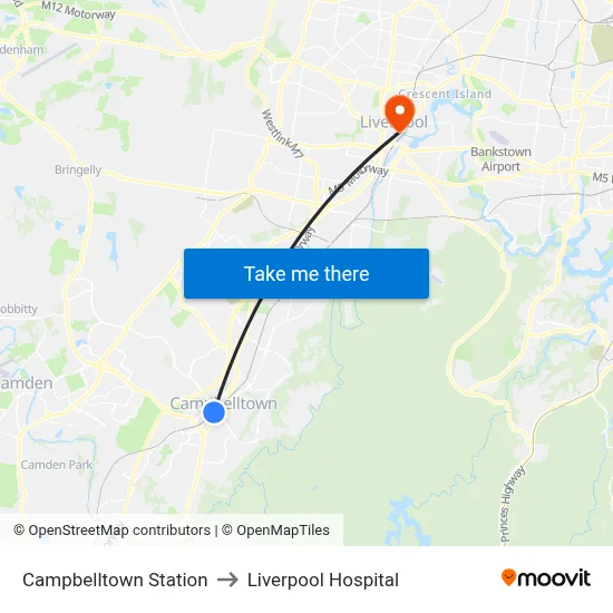 Campbelltown Station to Liverpool Hospital map