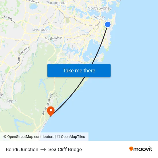 Bondi Junction to Sea Cliff Bridge map