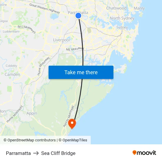 Parramatta to Sea Cliff Bridge map
