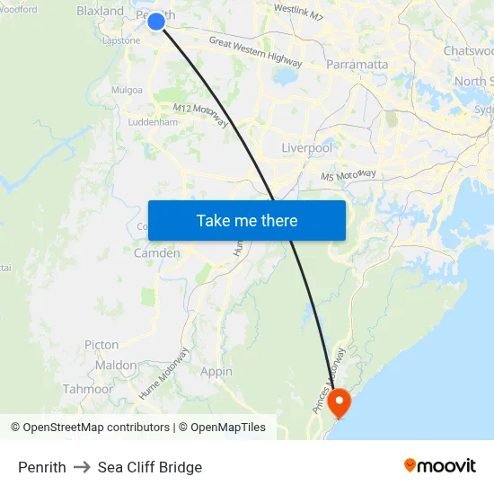 Penrith to Sea Cliff Bridge map