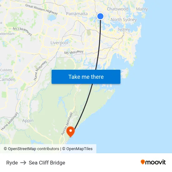 Ryde to Sea Cliff Bridge map