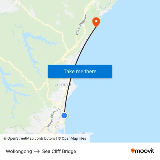 Wollongong to Sea Cliff Bridge map