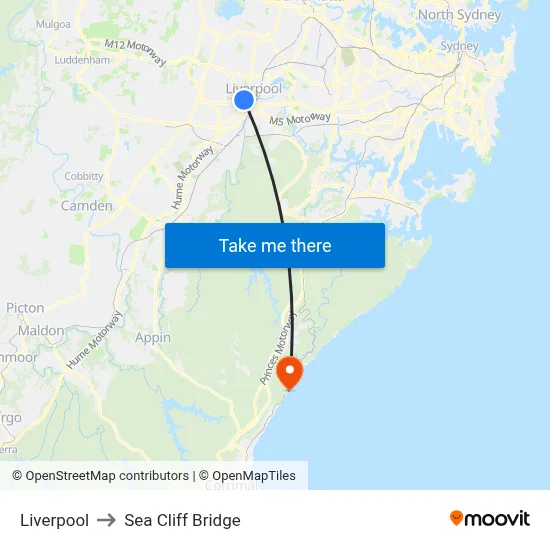 Liverpool to Sea Cliff Bridge map