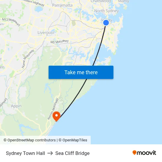 Sydney Town Hall to Sea Cliff Bridge map