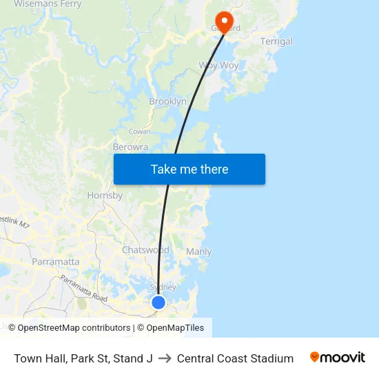 Town Hall, Park St, Stand J to Central Coast Stadium map