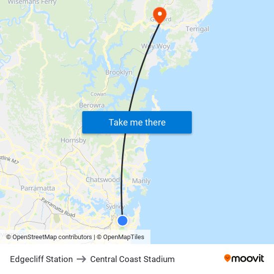 Edgecliff Station to Central Coast Stadium map