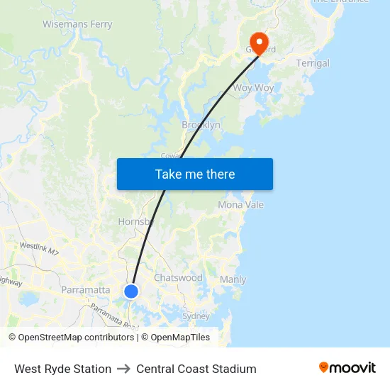 West Ryde Station to Central Coast Stadium map