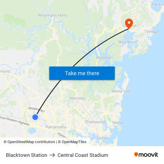 Blacktown Station to Central Coast Stadium map