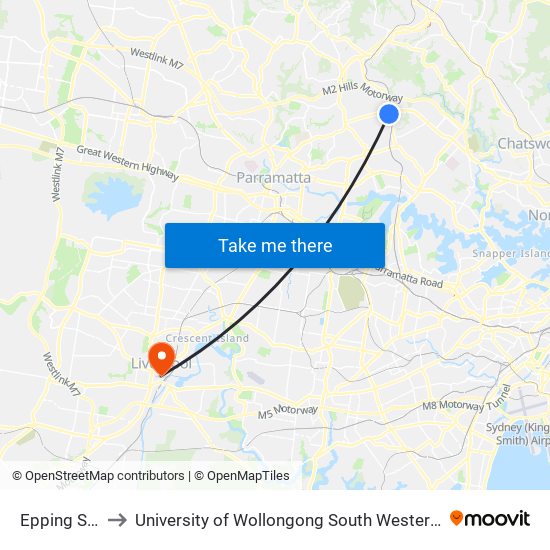 Epping Station to University of Wollongong South Western Sydney Campus map