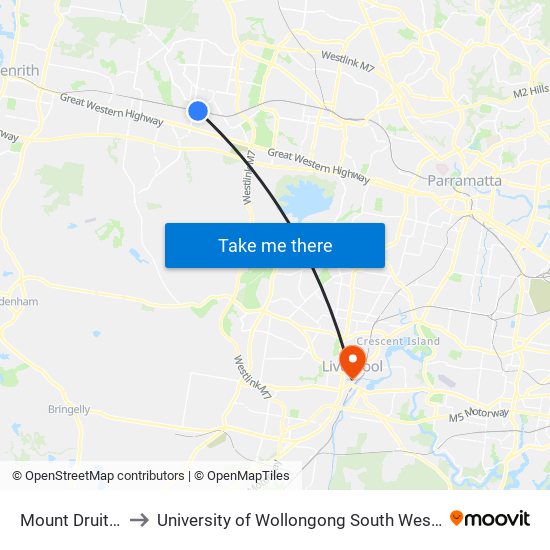 Mount Druitt Station to University of Wollongong South Western Sydney Campus map