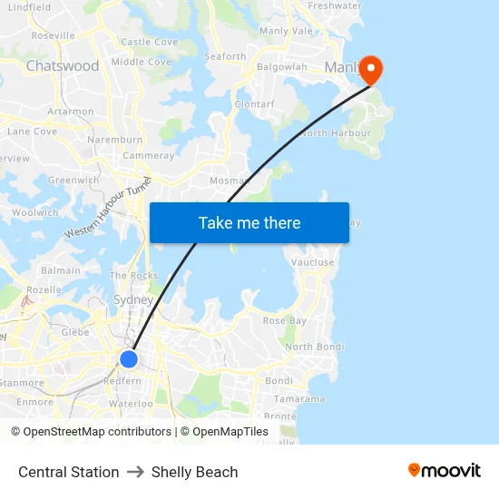 Central Station to Shelly Beach map