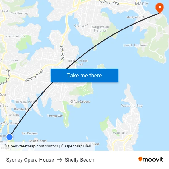 Sydney Opera House to Shelly Beach map