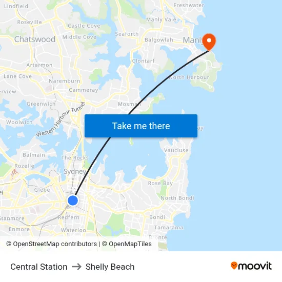 Central Station to Shelly Beach map