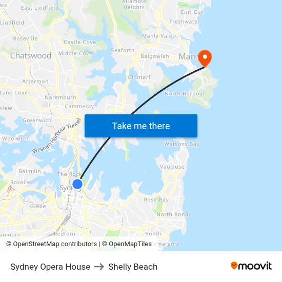 Sydney Opera House to Shelly Beach map