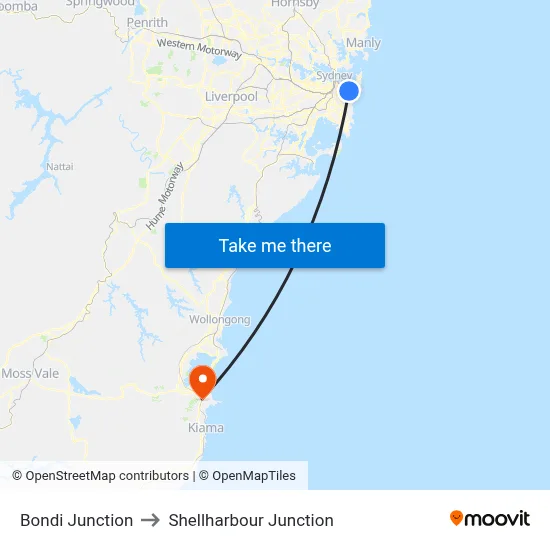 Bondi Junction to Shellharbour Junction map