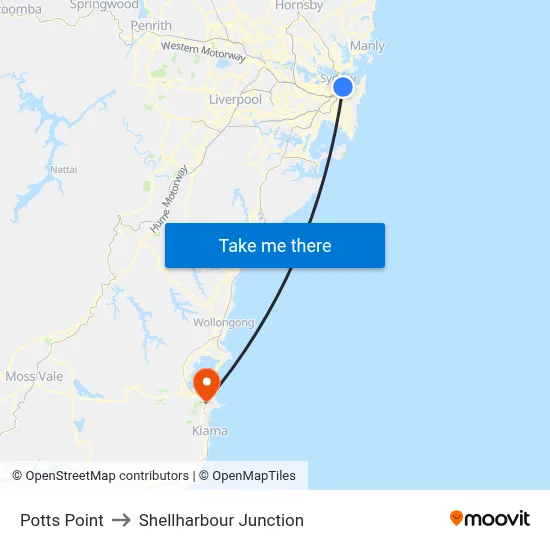 Potts Point to Shellharbour Junction map