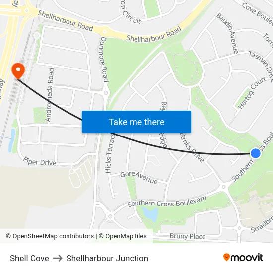 Shell Cove to Shellharbour Junction map