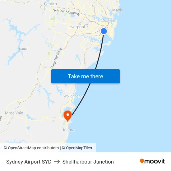 Sydney Airport SYD to Shellharbour Junction map