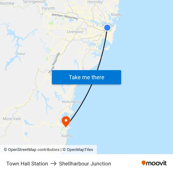 Town Hall Station to Shellharbour Junction map