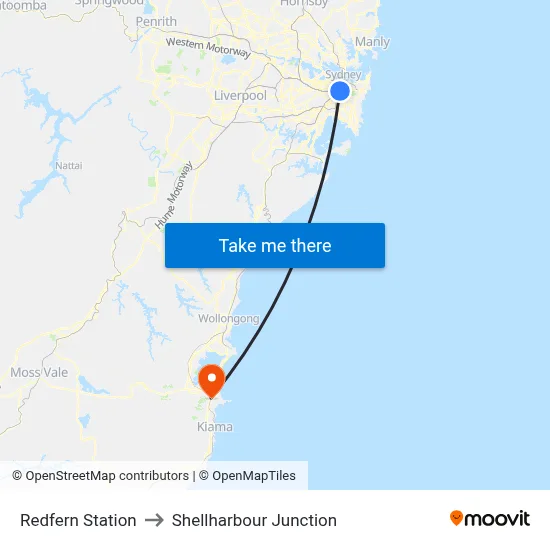 Redfern Station to Shellharbour Junction map