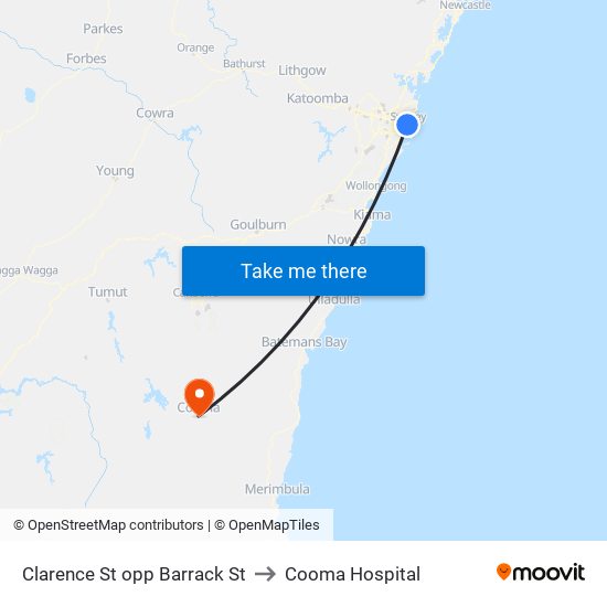 Clarence St opp Barrack St to Cooma Hospital map