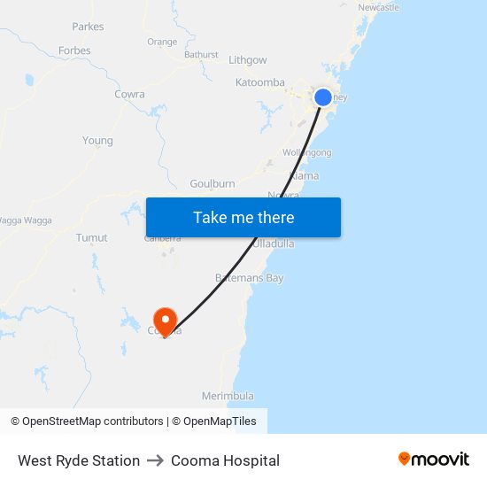 West Ryde Station to Cooma Hospital map