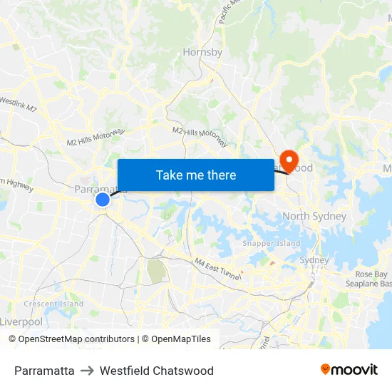 Parramatta to Westfield Chatswood map