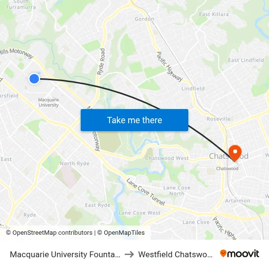 Macquarie University Fountain to Westfield Chatswood map