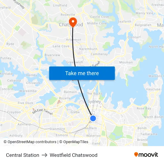 Central Station to Westfield Chatswood map