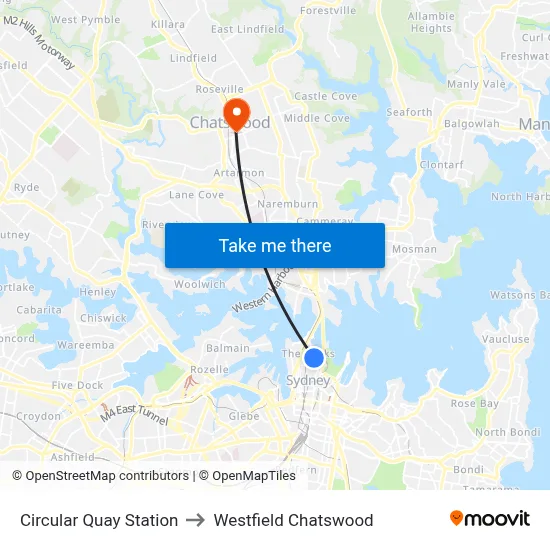 Circular Quay Station to Westfield Chatswood map