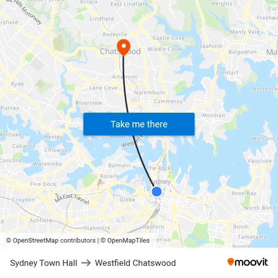 Sydney Town Hall to Westfield Chatswood map