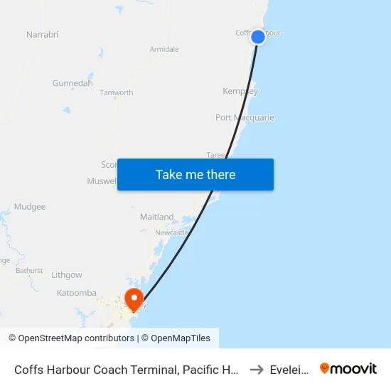 Coffs Harbour Coach Terminal, Pacific Hwy to Eveleigh map