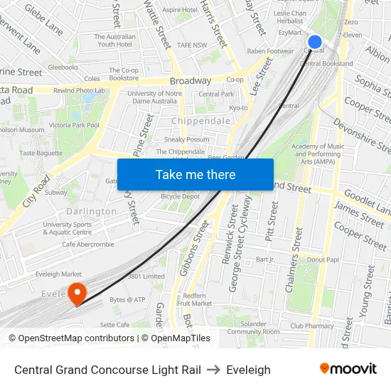 Central Grand Concourse Light Rail to Eveleigh map