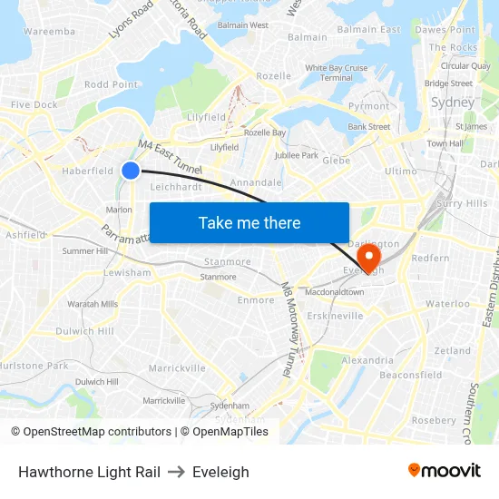 Hawthorne Light Rail to Eveleigh map
