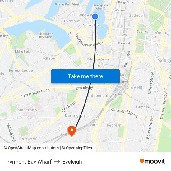 Pyrmont Bay Wharf to Eveleigh map