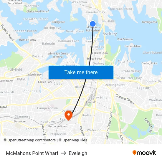 McMahons Point Wharf to Eveleigh map