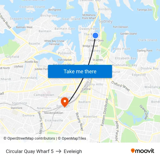 Circular Quay Wharf 5 to Eveleigh map