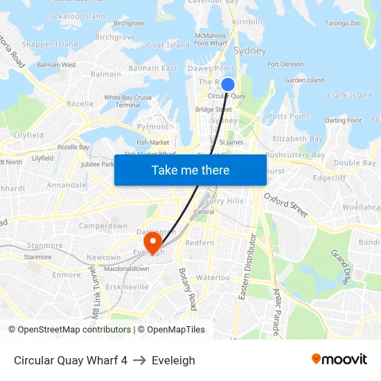 Circular Quay Wharf 4 to Eveleigh map