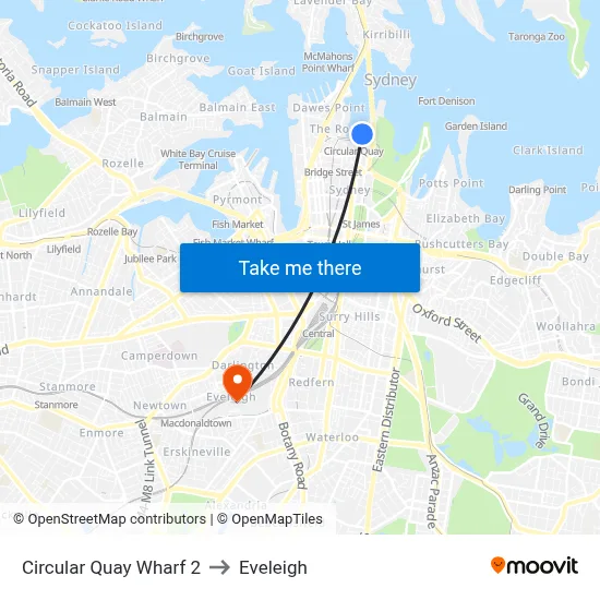 Circular Quay Wharf 2 to Eveleigh map
