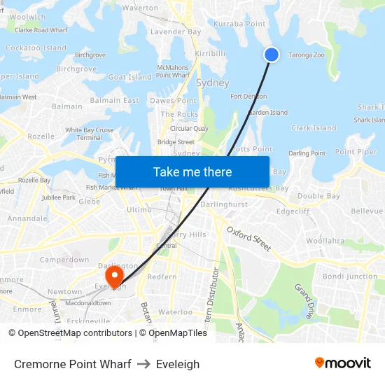 Cremorne Point Wharf to Eveleigh map