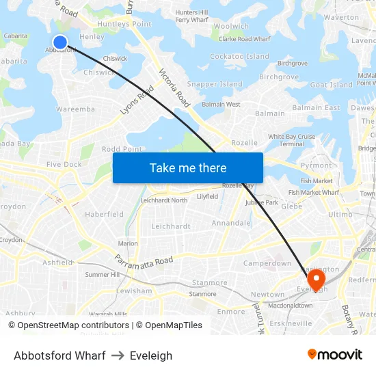 Abbotsford Wharf to Eveleigh map