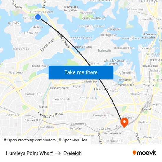 Huntleys Point Wharf to Eveleigh map