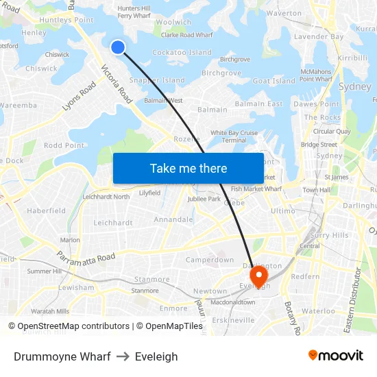 Drummoyne Wharf to Eveleigh map