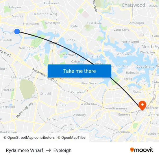 Rydalmere Wharf to Eveleigh map