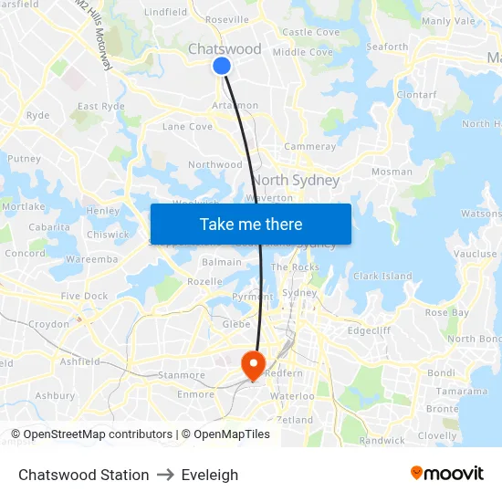 Chatswood Station to Eveleigh map