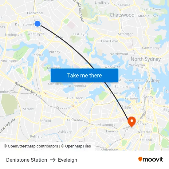 Denistone Station to Eveleigh map